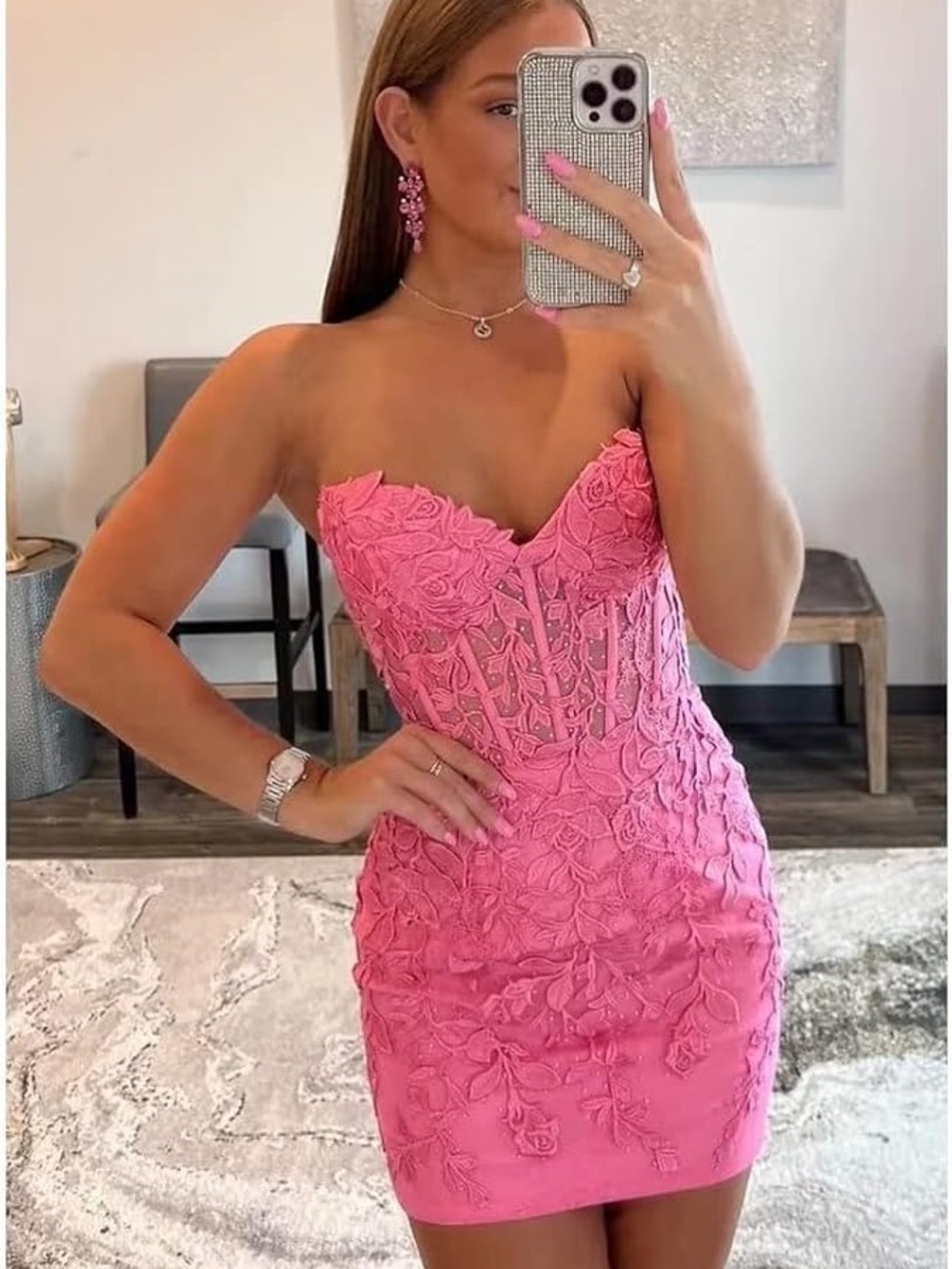 Strapless Pink Floral Lace Corset Bodycon Dress